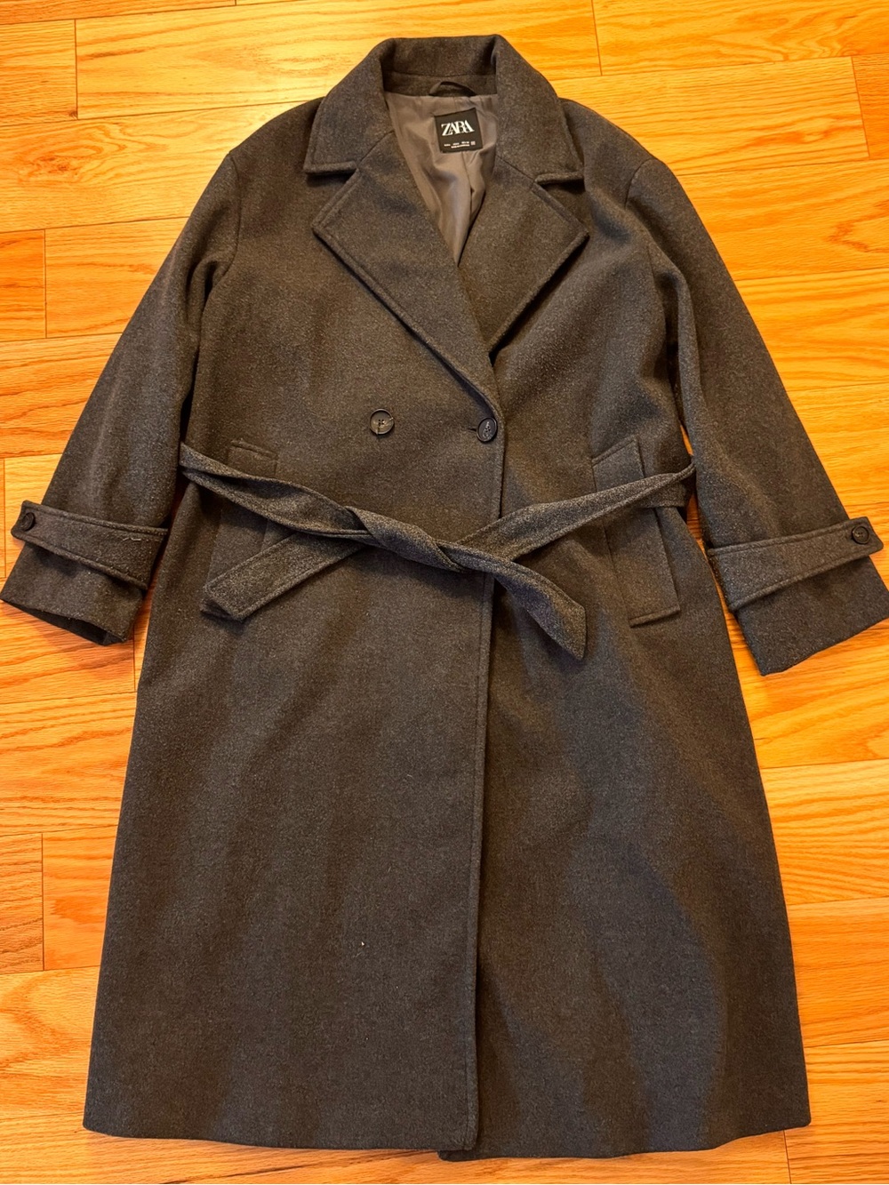 Zara Dark Gray Belted Wool-Blend Trench Coat